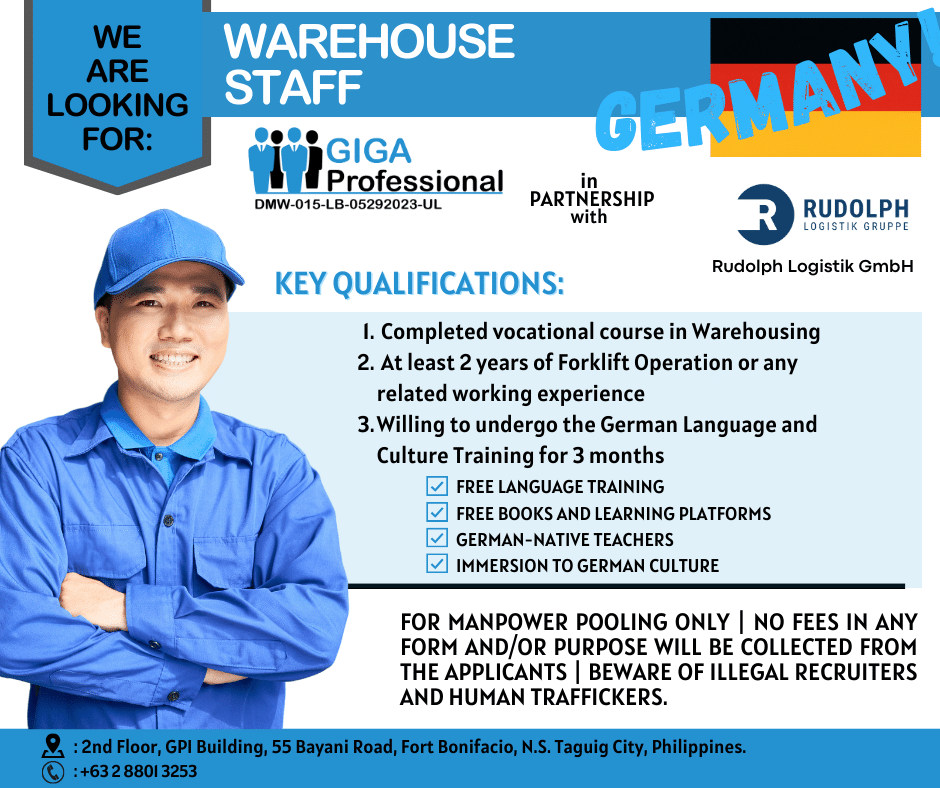 Join our community of Warehouse Staff bound for Germany! We are an accredited Landbased Agency for Overseas Filipino Workers, providing excellent opportunities for career growth and development. Apply now and be part of our and our client employers' mission to provide quality services abroad.