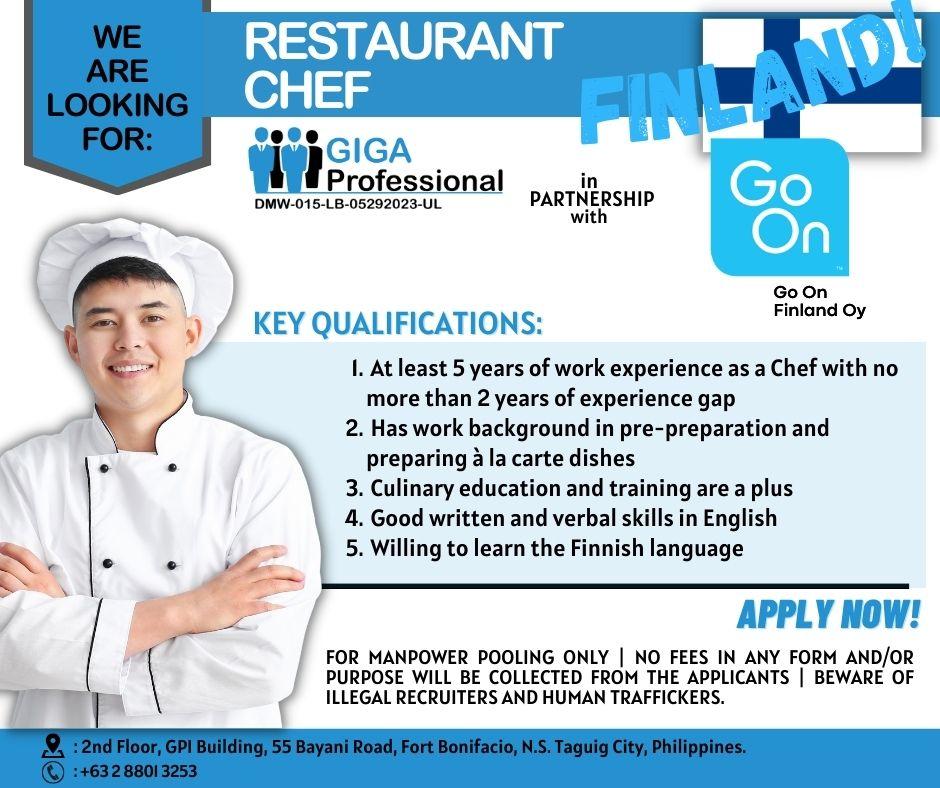 Looking for a career in restaurant services in Finland? Join our community of skilled Restaurant Chef today! Our agency is dedicated to providing excellent opportunities for career growth and development to all our applicants. Apply now and become part of our client's mission to provide quality restaurant services. Don't miss out on this opportunity to take your career to the next level!